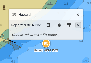 Hazard report popup on a nautical chart